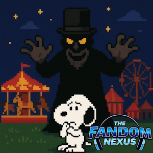 Pixel art of Snoopy looking scared in front of a dark carnival. Behind him stands Mr. Dark, a bearded man in a black suit and top hat with his arms raised menacingly. A carousel and ferris wheel glow in the eerie background under a twilight sky.